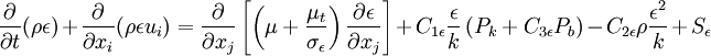  
\frac{\partial}{\partial t} (\rho \epsilon) + \frac{\partial}{\partial x_i} (\rho \epsilon u_i) = \frac{\partial}{\partial x_j} \left[\left(\mu + \frac{\mu_t}{\sigma_{\epsilon}} \right) \frac{\partial \epsilon}{\partial x_j} \right] + C_{1 \epsilon}\frac{\epsilon}{k} \left( P_k + C_{3 \epsilon} P_b \right) - C_{2 \epsilon} \rho \frac{\epsilon^2}{k} + S_{\epsilon}

 