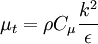  \mu_t = \rho C_{\mu} \frac{k^2}{\epsilon} 