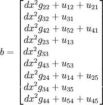 
b =
\begin{bmatrix}
        dx^2 g_{22} + u_{12} + u_{21} \\
        dx^2 g_{32} + u_{31} ~~~~~~~~ \\
        dx^2 g_{42} + u_{52} + u_{41} \\
        dx^2 g_{23} + u_{13} ~~~~~~~~ \\
        dx^2 g_{33}  ~~~~~~~~~~~~~~~~ \\
        dx^2 g_{43} + u_{53} ~~~~~~~~ \\
        dx^2 g_{24} + u_{14} + u_{25} \\
        dx^2 g_{34} + u_{35} ~~~~~~~~ \\
        dx^2 g_{44} + u_{54} + u_{45} \\
\end{bmatrix}
