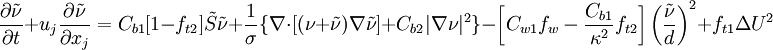 
\frac{\partial \tilde{\nu}}{\partial t} + u_j \frac{\partial \tilde{\nu}}{\partial x_j} = C_{b1} [1 - f_{t2}] \tilde{S} \tilde{\nu} + \frac{1}{\sigma} \{ \nabla \cdot [(\nu + \tilde{\nu}) \nabla \tilde{\nu}] + C_{b2} | \nabla \nu |^2 \} - \left[C_{w1} f_w - \frac{C_{b1}}{\kappa^2} f_{t2}\right] \left( \frac{\tilde{\nu}}{d} \right)^2 + f_{t1} \Delta U^2
