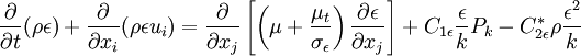 
\frac{\partial}{\partial t} (\rho \epsilon) + \frac{\partial}{\partial x_i} (\rho \epsilon u_i) = \frac{\partial}{\partial x_j} \left[\left(\mu+\frac{\mu_t}{\sigma_{\epsilon}}\right) \frac{\partial \epsilon}{\partial x_j}\right] + C_{1 \epsilon}\frac{\epsilon}{k} P_k - C_{2\epsilon}^* \rho \frac{\epsilon^2}{k}
