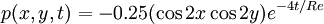 
p(x,y,t) = -0.25( \cos 2x   \cos 2y) e^{-4t/Re}
