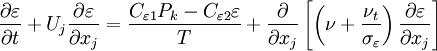 \frac{\partial \varepsilon}{\partial t} + U_j \frac{\partial \varepsilon}{\partial x_j} = \frac{C_{\varepsilon 1} P_k - C_{\varepsilon 2} \varepsilon}{T} + \frac{\partial}{\partial x_j} \left[ \left( \nu + \frac{\nu_t}{\sigma_{\varepsilon}} \right) \frac{\partial \varepsilon}{\partial x_j} \right]