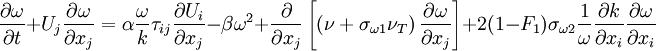 
{{\partial \omega } \over {\partial t}} + U_j {{\partial \omega } \over {\partial x_j }} = \alpha {\omega  \over k}\tau _{ij} {{\partial U_i } \over {\partial x_j }} - \beta \omega ^2  + {\partial  \over {\partial x_j }}\left[ {\left( {\nu  + \sigma_{\omega 1} \nu _T } \right){{\partial \omega } \over {\partial x_j }}} \right] + 2( 1 - F_1 ) \sigma_{\omega 2} {1 \over \omega} {{\partial k } \over {\partial x_i}} {{\partial \omega } \over {\partial x_i}} 
