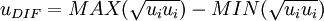 
u_{DIF} = MAX(\sqrt{u_i u_i}) - MIN(\sqrt{u_i u_i})
