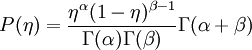 
P (\eta) = \frac{\eta^\alpha (1- \eta)^{\beta-1}}{\Gamma(\alpha) \Gamma(\beta)}
\Gamma(\alpha + \beta)
