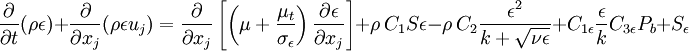  \frac{\partial}{\partial t} (\rho \epsilon) + \frac{\partial}{\partial x_j} (\rho \epsilon u_j) = \frac{\partial}{\partial x_j} \left[ \left(\mu + \frac{\mu_t}{\sigma_{\epsilon}}\right) \frac{\partial \epsilon}{\partial x_j} \right ] + \rho \, C_1 S \epsilon - \rho \, C_2 \frac{{\epsilon}^2} {k + \sqrt{\nu \epsilon}} + C_{1 \epsilon}\frac{\epsilon}{k} C_{3 \epsilon} P_b + S_{\epsilon} 