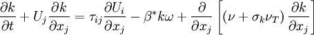 
{{\partial k} \over {\partial t}} + U_j {{\partial k} \over {\partial x_j }} = \tau _{ij} {{\partial U_i } \over {\partial x_j }} - \beta ^* k\omega  + {\partial  \over {\partial x_j }}\left[ {\left( {\nu  + \sigma_k \nu _T } \right){{\partial k} \over {\partial x_j }}} \right]
