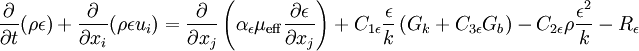 
 \frac{\partial}{\partial t} (\rho \epsilon) + \frac{\partial}{\partial x_i} (\rho \epsilon u_i) = \frac{\partial}{\partial x_j} \left(\alpha_{\epsilon} \mu_{\rm eff} \frac{\partial \epsilon}{\partial x_j}\right) + C_{1 \epsilon}\frac{\epsilon}{k} \left( G_k + C_{3 \epsilon} G_b \right) - C_{2\epsilon} \rho \frac{\epsilon^2}{k} - R_{\epsilon} 
