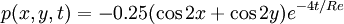 
p(x,y,t) = -0.25( \cos 2x + \cos 2y) e^{-4t/Re}
