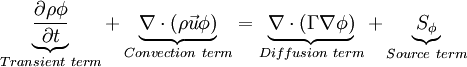  \underbrace{ \frac{\partial{\rho \phi}}{\partial t}}_{Transient \ term} + \underbrace{ \nabla \cdot (\rho \vec u \phi )}_{Convection \ term} =\underbrace {\nabla \cdot (\Gamma \nabla \phi )}_{Diffusion \ term} + \underbrace {S_{\phi}}_{Source \ term}