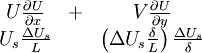  
\begin{matrix}
U \frac{\partial U}{\partial x} & + & V \frac{\partial U}{\partial y} \\
U_{s} \frac{\Delta U_{s}}{L} & & \left( \Delta U_{s} \frac{\delta}{L} \right) \frac{\Delta U_{s}}{ \delta} \\
\end{matrix}
